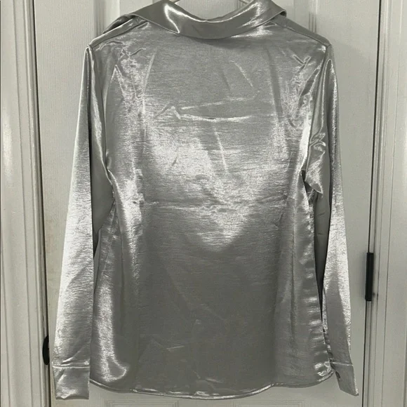 Silver Satin Women's Blouse with Draped Neckline NWT - Picture 9 of 9
